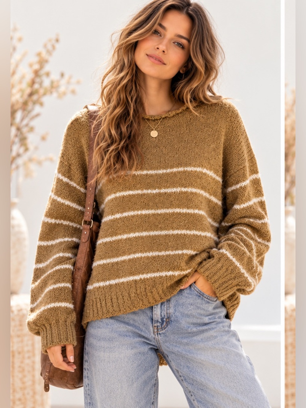 J. Crew Striped Camel & White Crewneck Rolled Hem Gorpcore Casual Sweater Small